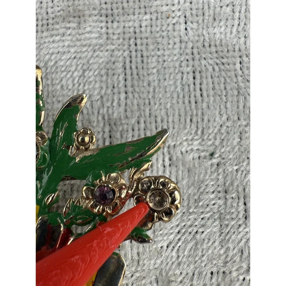 Vintage Chatelaine Style Brooch Figural Enamel Mexican Flower Gold Tone READ‎